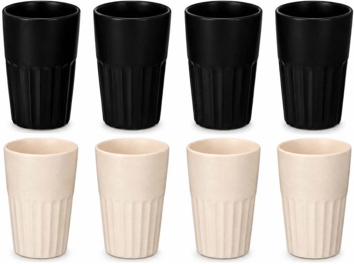 Vessia Design koffiemokken set - 8x - zwart/beige - zonder oor - keramiek - 300 ml