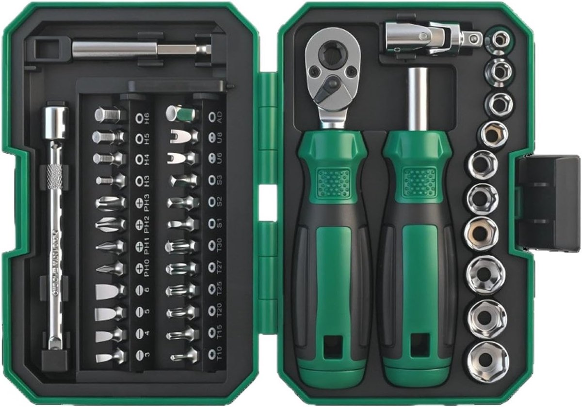 Ratelgereedschap Set - Steeksleutelset - Auto Onderhoud - Magnetische Bithouder - 40 Delig - Grijs