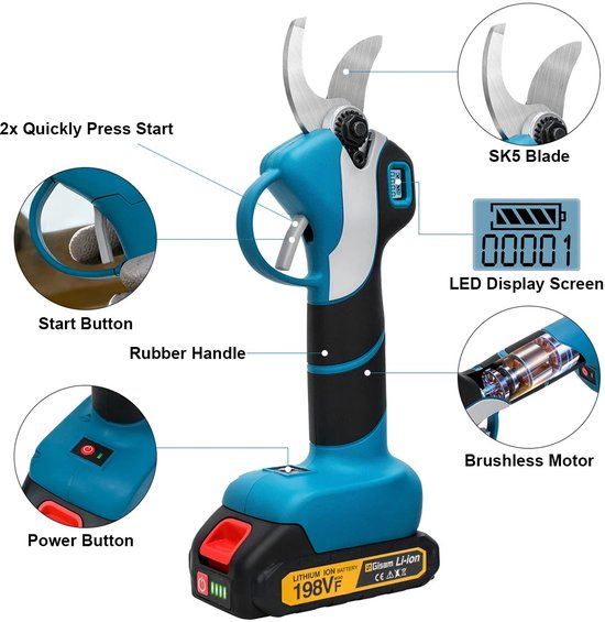 Gisam Pro Series - Elektrische Snoeischaar - 40 mm Snijcapaciteit - Borstelloze Motor - Inclusief 2 Accu's van Gisam® — afbeelding 2