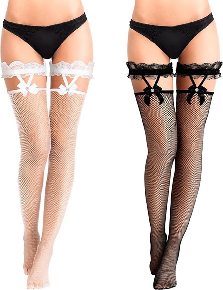 Lace Fishnet Over Knee Kousen voor Dames - Sexy Suspender Kousen met Strik en Transparante Details