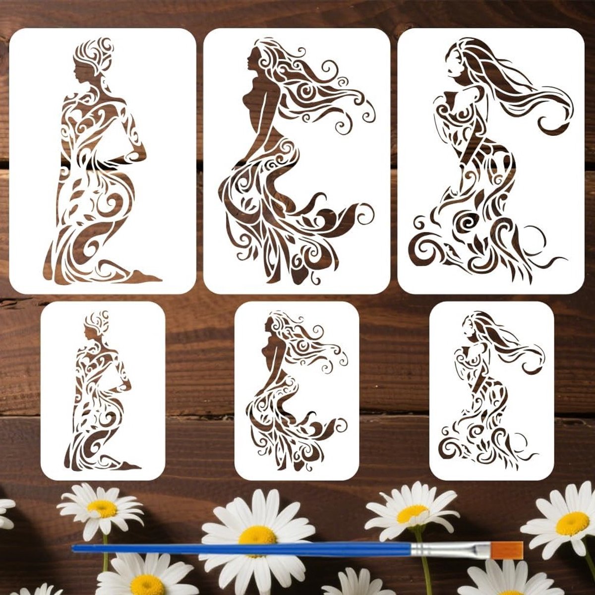 6 Stuks Vrouw met Klimop Sjablonen met Kwast - 21x29.7cm/20x14cm Boom Vrouw Ontwerp voor Schilderen op Houten Muren, Creatieve Decoratie en DIY Projecten