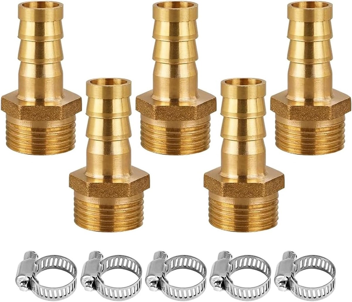 5 Stuks Messing Slangconnectoren 10mm Barbs x 1/2 Inch Mannelijke Draad Adapter met Slangklemmen voor Lucht, Water en Brandstofleidingen