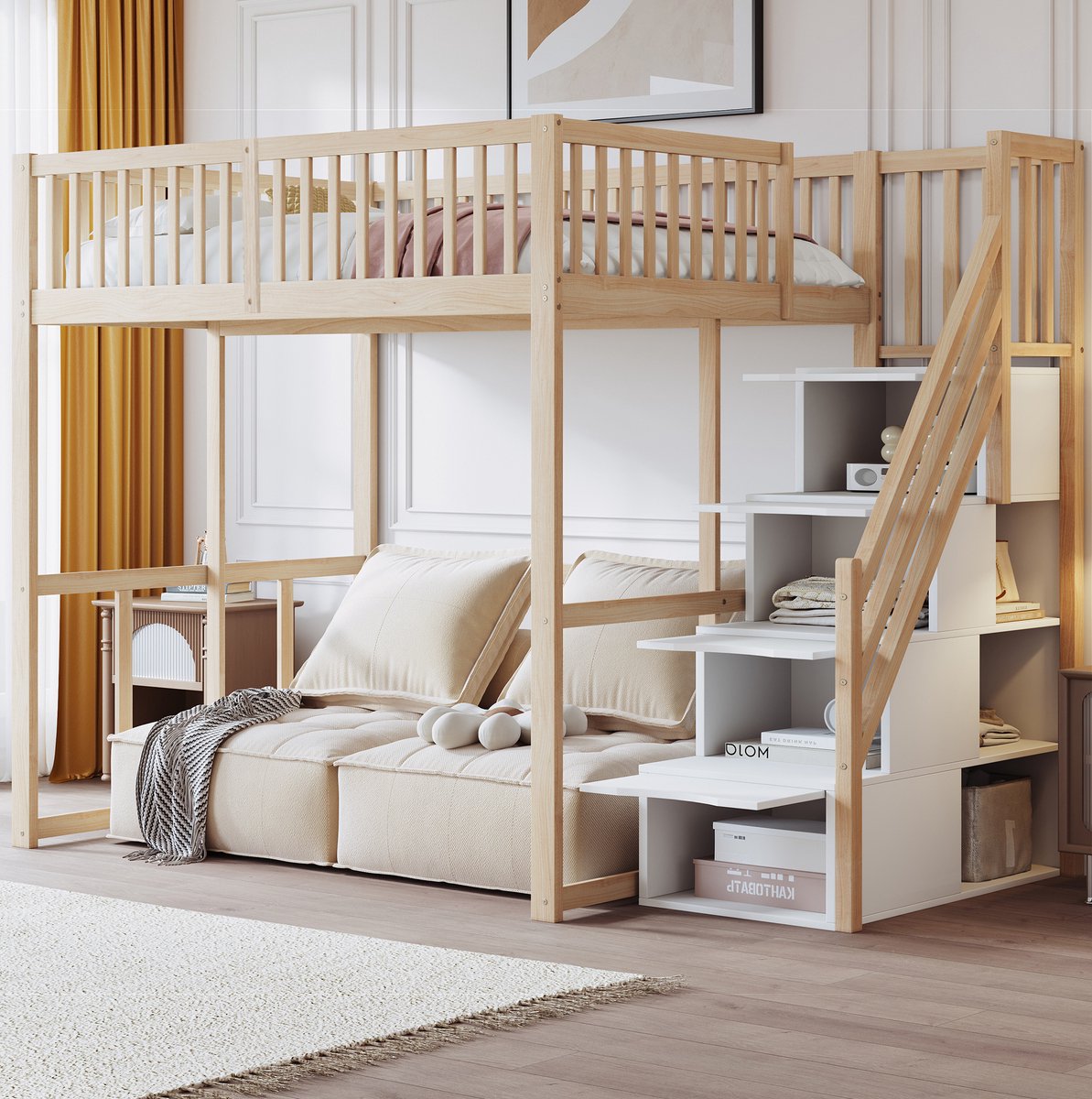 MEUNIQ Hoogslaper 140x200 cm met veiligheidsopstap, opbergruimte, veiligheidshek en lattenbodem, houten hoog bed voor slaapkamer in naturel hout Natural Wood