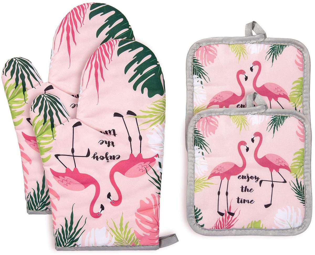 Dreamhigh Hittebestendige Ovenwanten en Pannenlappen – Set met Katoenen Voering – Keukenhandschoenen voor Koken - Grillen - Bakken en Barbecue - Flamingo