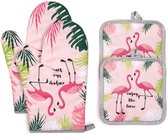 Dreamhigh Hittebestendige Ovenwanten en Pannenlappen – Set met Katoenen Voering – Keukenhandschoenen voor Koken - Grillen - Bakken en Barbecue - Flamingo