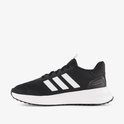 Zwarte Adidas sneaker met witte strepen en witte zool, van de zijkant.