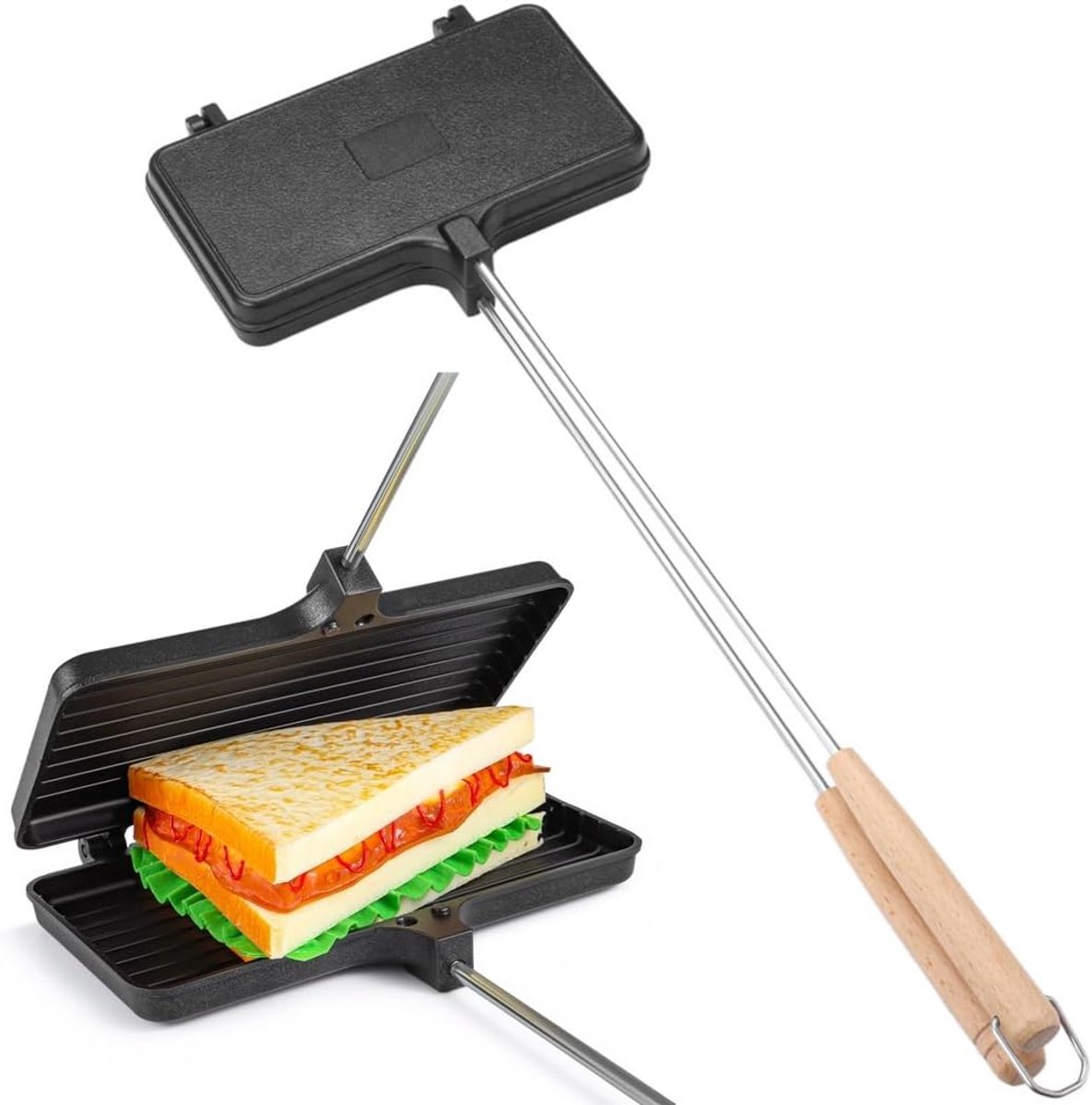 Dubbele Pan - Sandwich Maker - Buiten Koken - Dubbelzijdig Verwarmen - 43.5 cm - Zwart