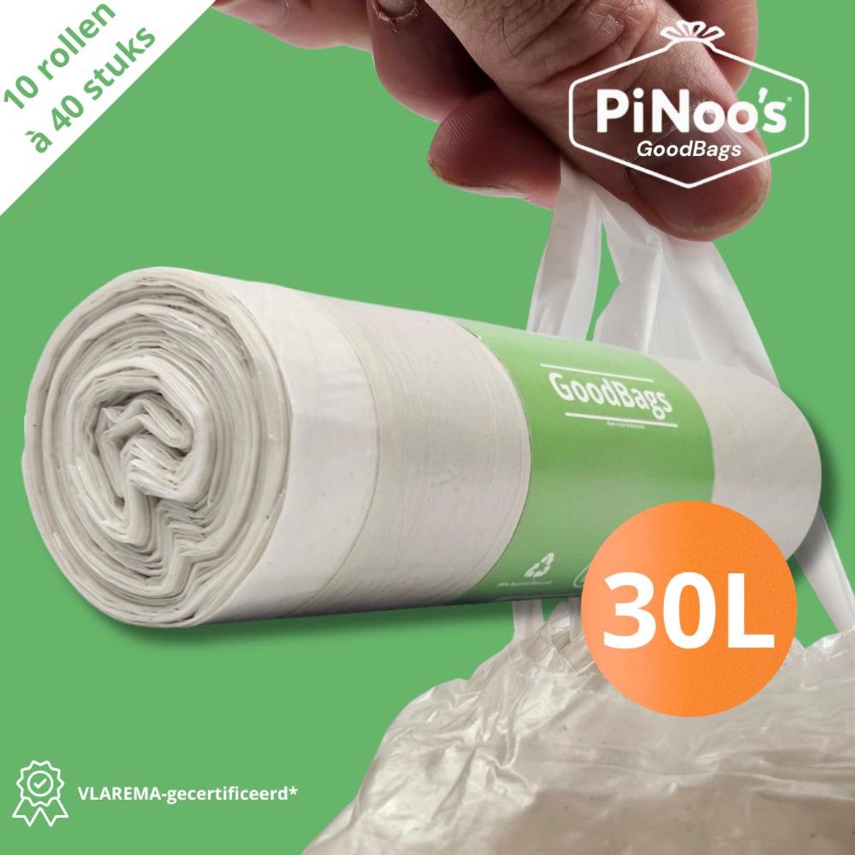 PiNoo’s® GoodBags Vuilniszakken 30 Liter | 10 rollen à 40 zakken - Trekband | 100% Gerecycled LDPE-plastic | 27 My | 46×76 cm - Trekbandzakken 30 Liter, Brabantia Code O Alternatief, Geschikt voor Brabantia code O (04607601327D)