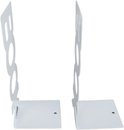 Zijaanzicht van twee witte, L-vormige boekensteunen met antislip openingen.