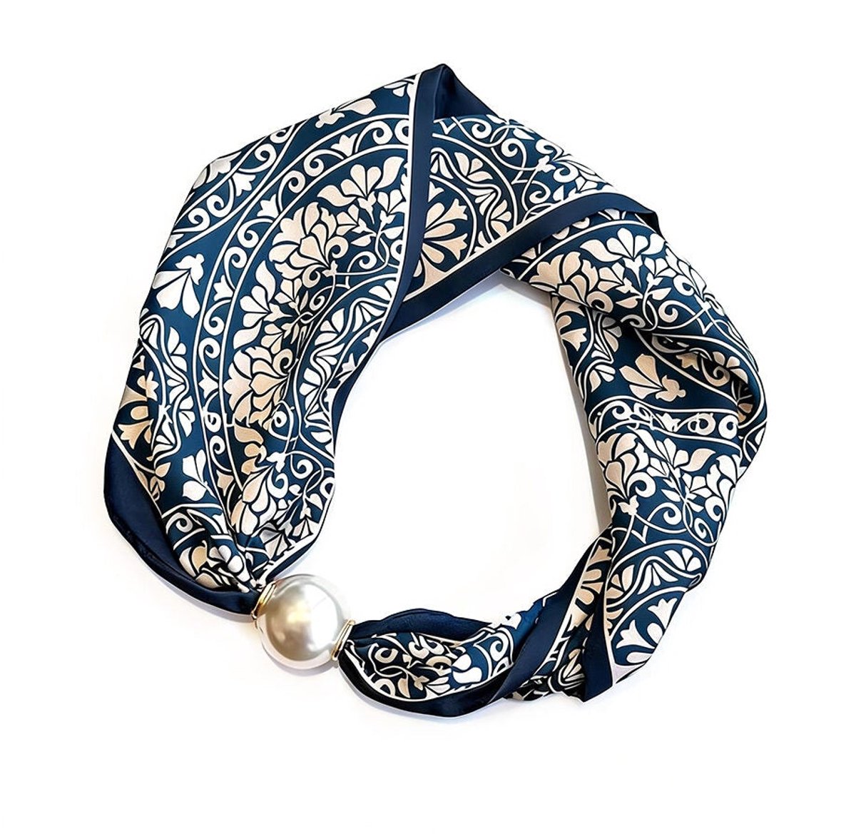 Glanzend kort sjaaltje - donkerblauw -wit - paisleypatroon - parel magneetsluiting