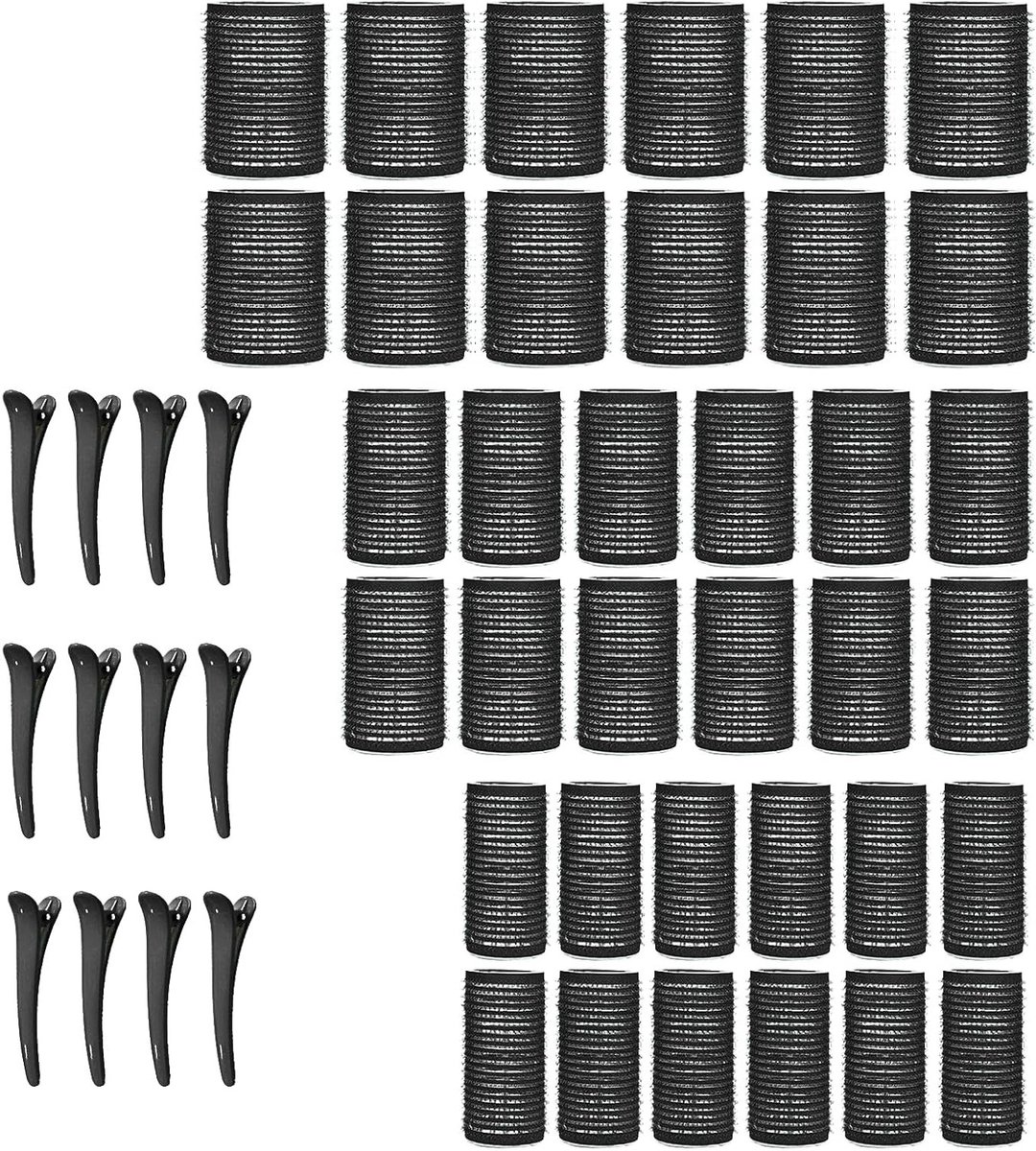 48Pcs Haarrollers Set - Haarrollen met Clips - Zelfklevende Jumbo Haarrollers - Geen Hitte - Warmtevrije Haarrollers voor Lang, Middellang en Korte Haartypes - Styling voor Kapsalon en Haarverzorging - Krullers (Zwart, 3 Maten)