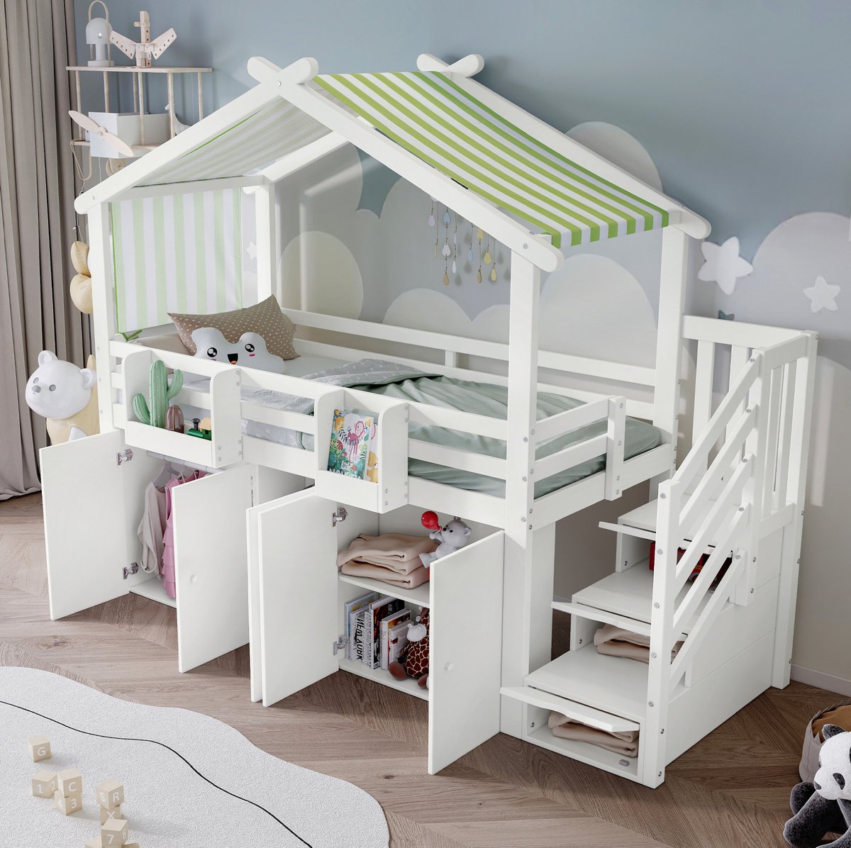 MEUNIQ stapelbed 90x200 cm met opbergtap, uitvalbeveiliging en huisvormig design voor kinderkamer, wit groen