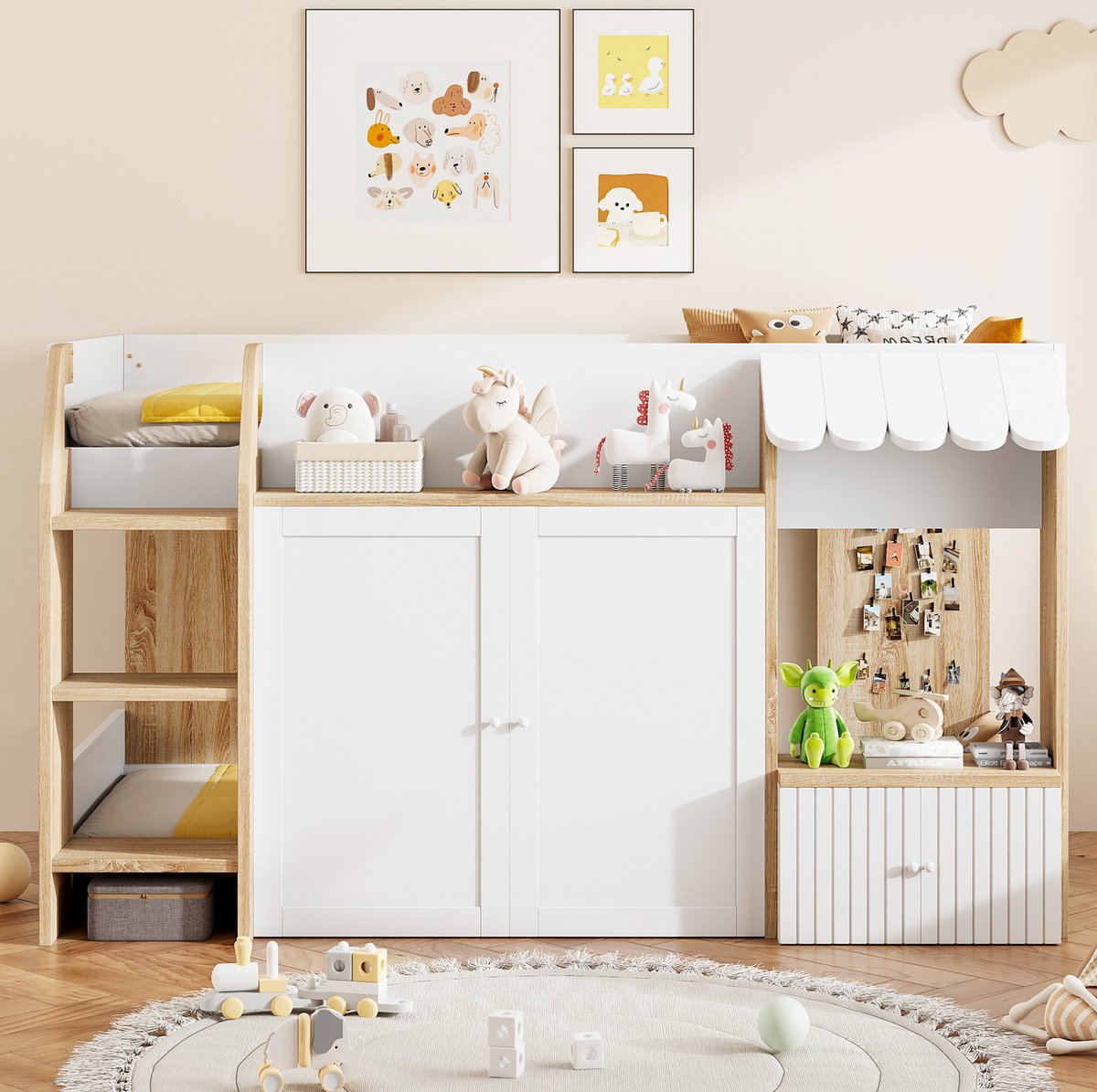 MEUNIQ Halfhoogslaper 90x200 cm huisbed met brede ladder, open opbergruimte en houtkleurig wit frame voor kinderkamer