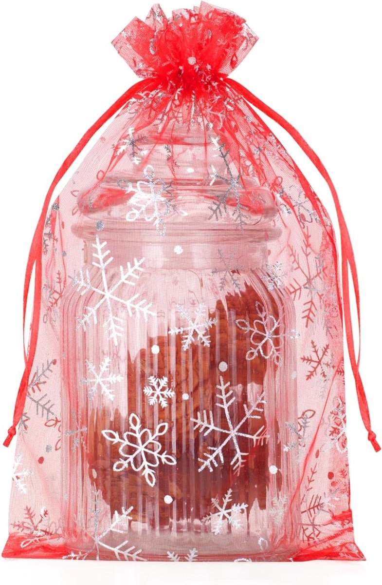 Grote organza geschenktassen met sneeuwvlokken in rood, 20x30cm voor het inpakken van kerstcadeaus en feestdecoraties