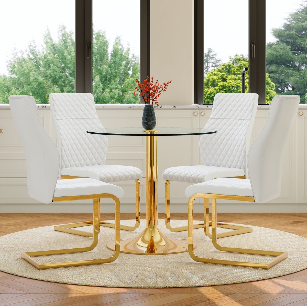 HAUSS SPOLE Set Tafel En Stoelen - Ronde Eettafel Met 4 Stoelen - Transparant Gehard Glas - Voor Eethoek En Restaurant - Metaal Wit Goud