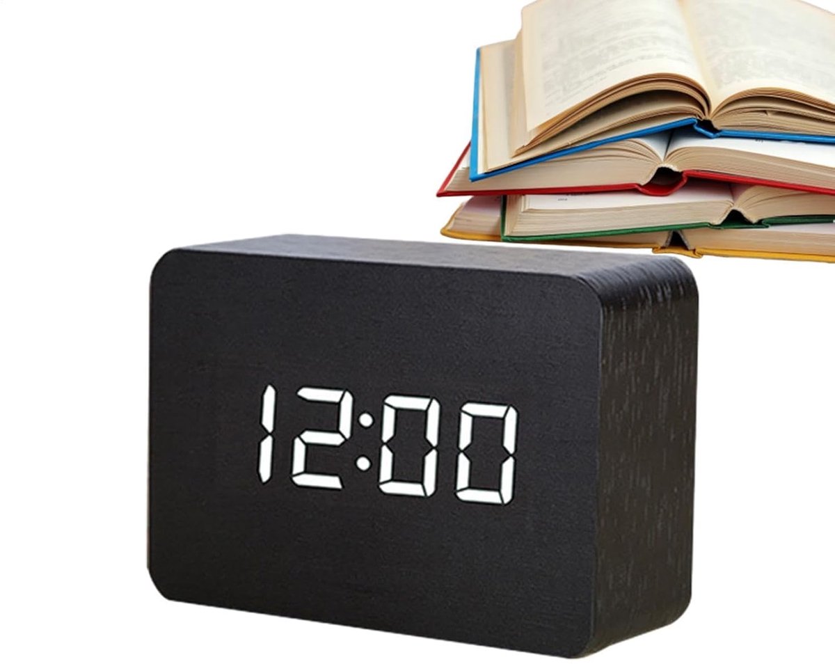 Digitale Wekker - Elektrische Klok - Wakker Worden - Groot LED Display - 12 cm Breed - Zwart Hout