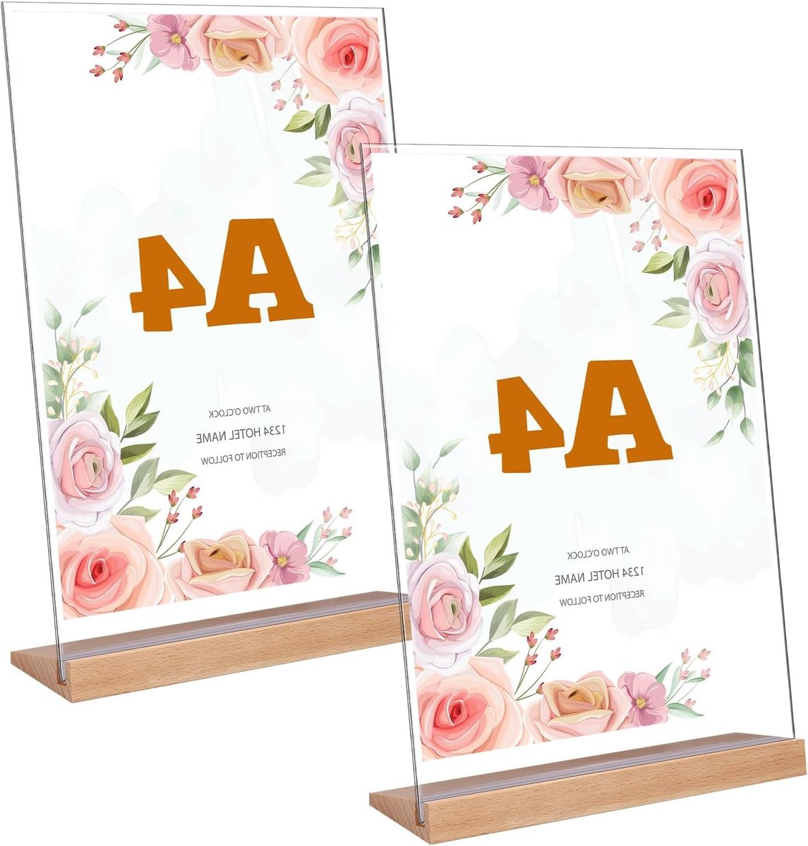 Table Stand voor A4 Prijsetiketten, L-vormige Acryl Advertentiestandaard met Houten Basis voor Bruiloften, Restaurants en Koffiehuizen, 21 x 29,7 cm, Set van 2