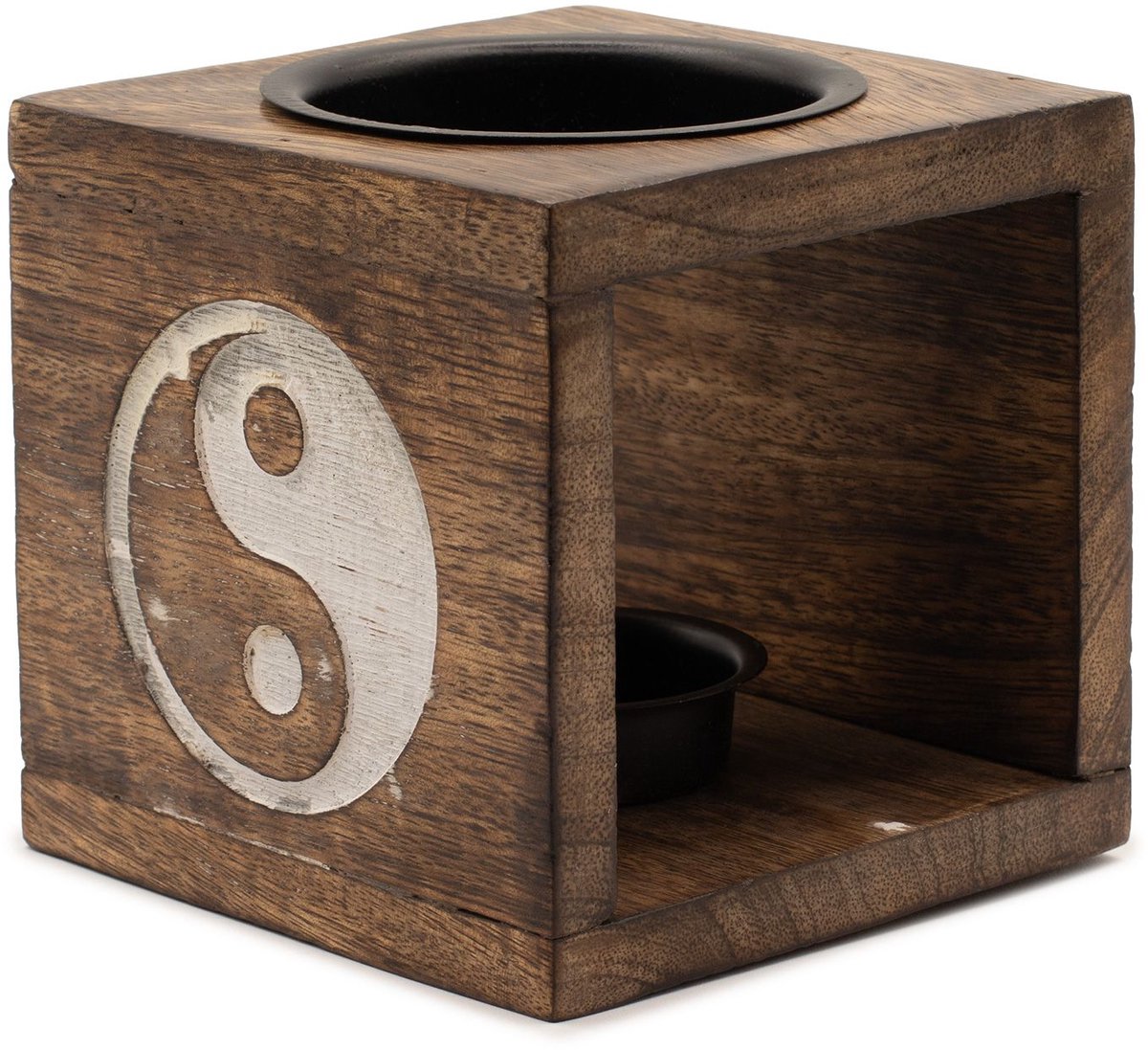 Ancient Wisdom Square Mango Wood Oil Burner - Yin Yang multikleur