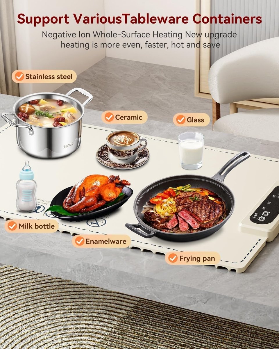 Verwarmingsmat Elektrische warmhoudplaat Eten warm houden Volledig verwarmingsoppervlak 61 x 40 cm Wit