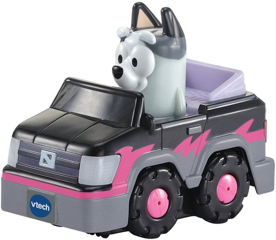 VTech Toet Toet Auto's Bluey Muffin Elektrische Auto. Zwarte speelgoedauto met roze bliksemschichten en grote wielen. Muffin de hond zit in de auto.