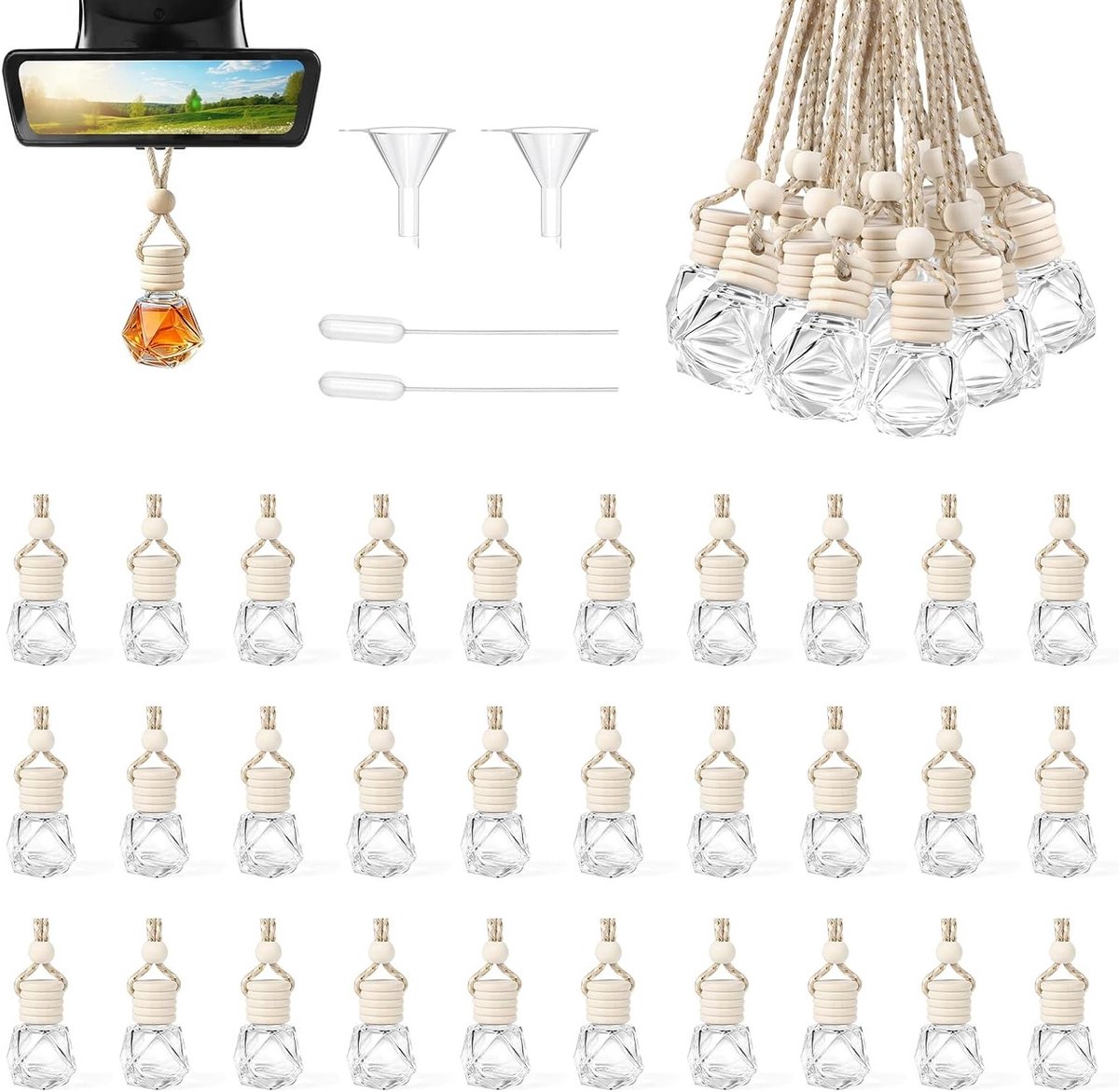 30 Lege Autoparfumflessen 8 ml - Navulbare Luchtverfrisser voor Auto, Thuis en Kantoor met Etherische Olie Diffuser en Hanger