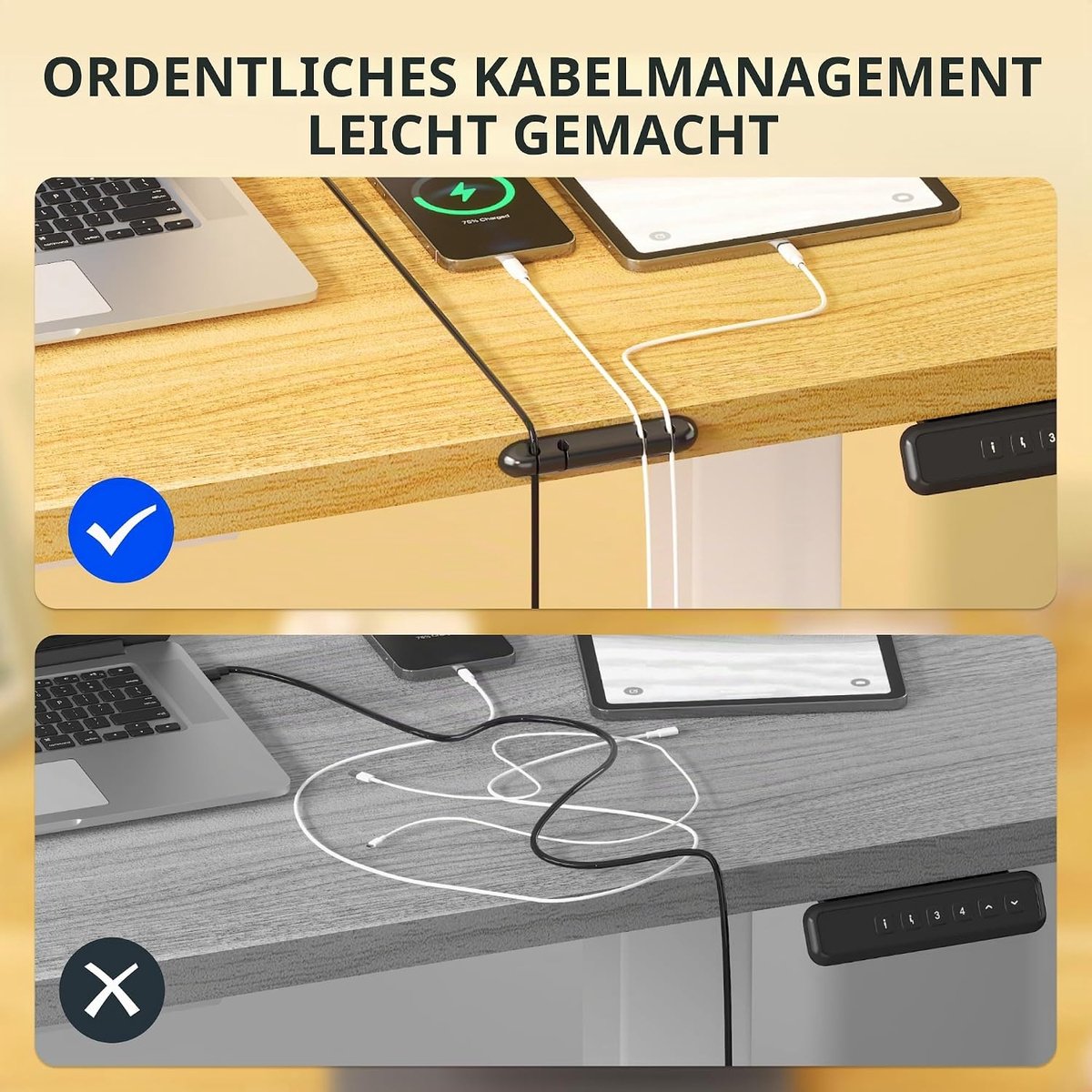 Elektrisch zit-sta bureau 120x60 cm – In hoogte verstelbaar bureau met kabelmanagement, haak & lade – Ergonomisch computerbureau thuiskantoor – Esdoorn tafelblad wit frame – Mobili Bella