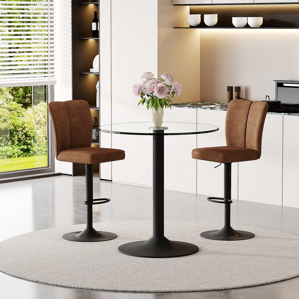 Barset Met Glazen Bartafel 89 Cm En 2 Draaibare Barkrukken Verstelbare Zithoogte Voor Keuken Bar En Lounge Metaal Bruin Zwart