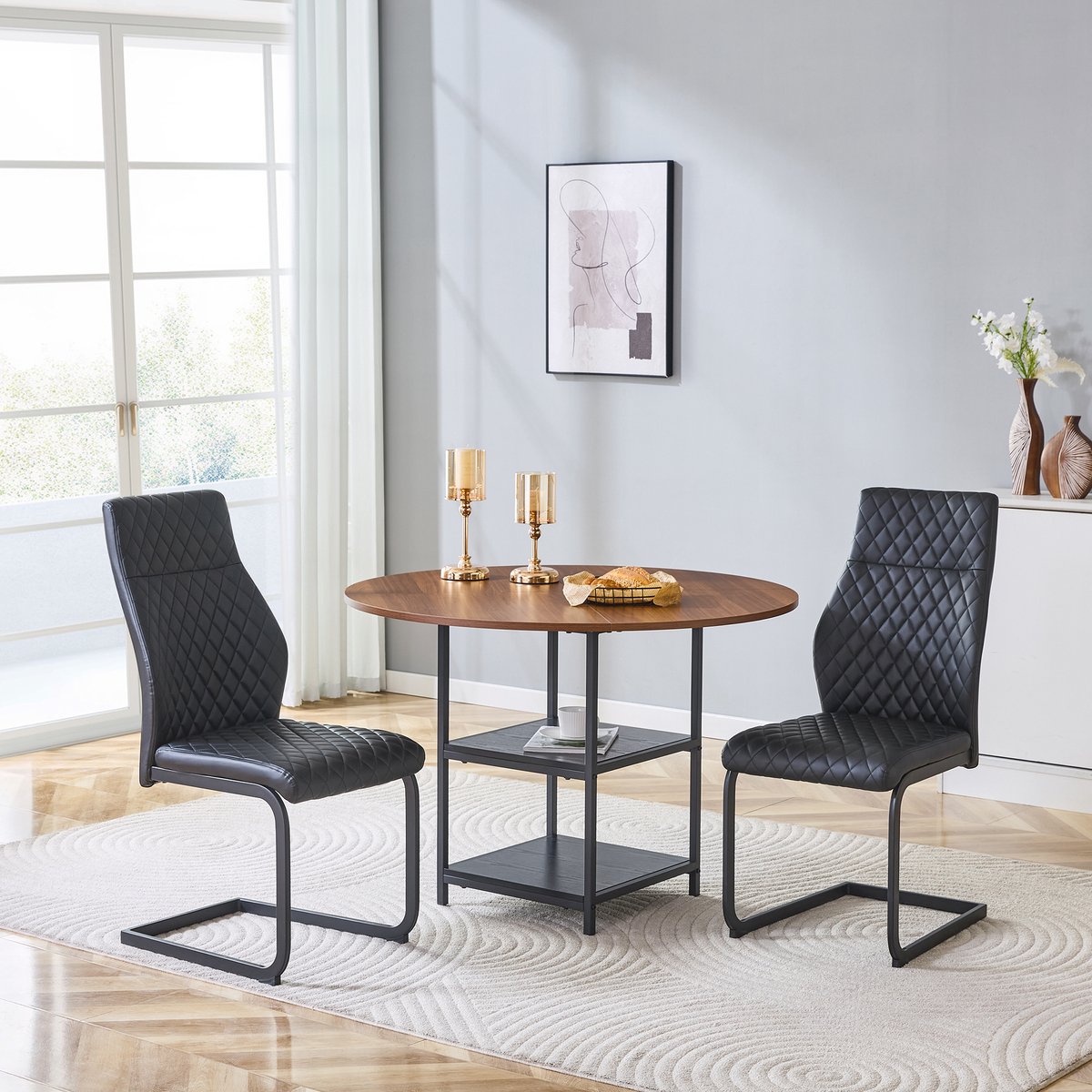 STILVORA Eettafelset - Ronde Eettafel Met Opbergniveaus En 2 Stoelen - Industrieel Voor Eethoek - Hout En Metaal - 107x75 Cm - Zwart;Walnoot