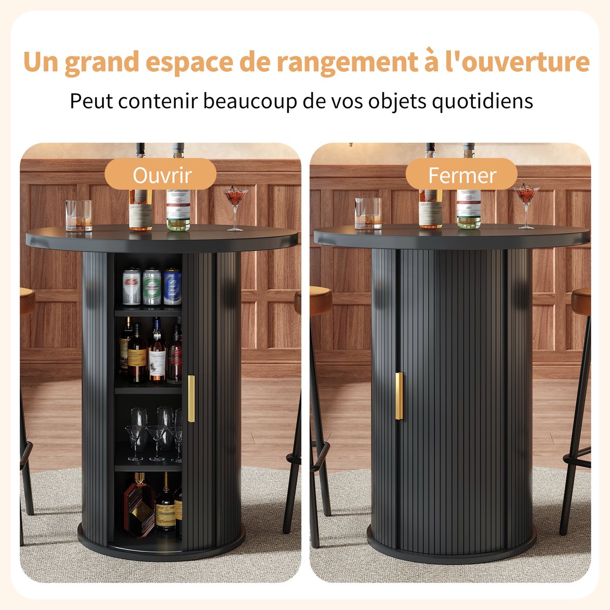 MIVRAY Bartafel - Rond Model Met Opbergkast En Schuifdeur - Voor Woonkamer En Barruimte - MDF En Metaal - 60x60x91,6 Cm Zwart
