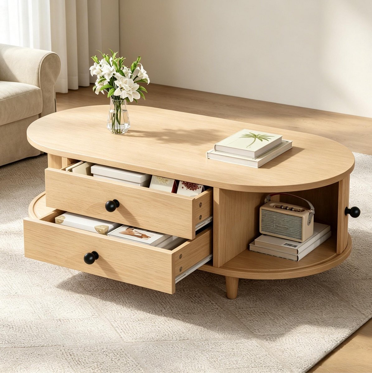 MIVRAY Salontafel - Met Roldeuren En 2 Lades - Voor Woonkamer En Opberggemak - MDF In Lichte Houtkleur - 100x50x36 Cm Natuurlijke Houtkleur