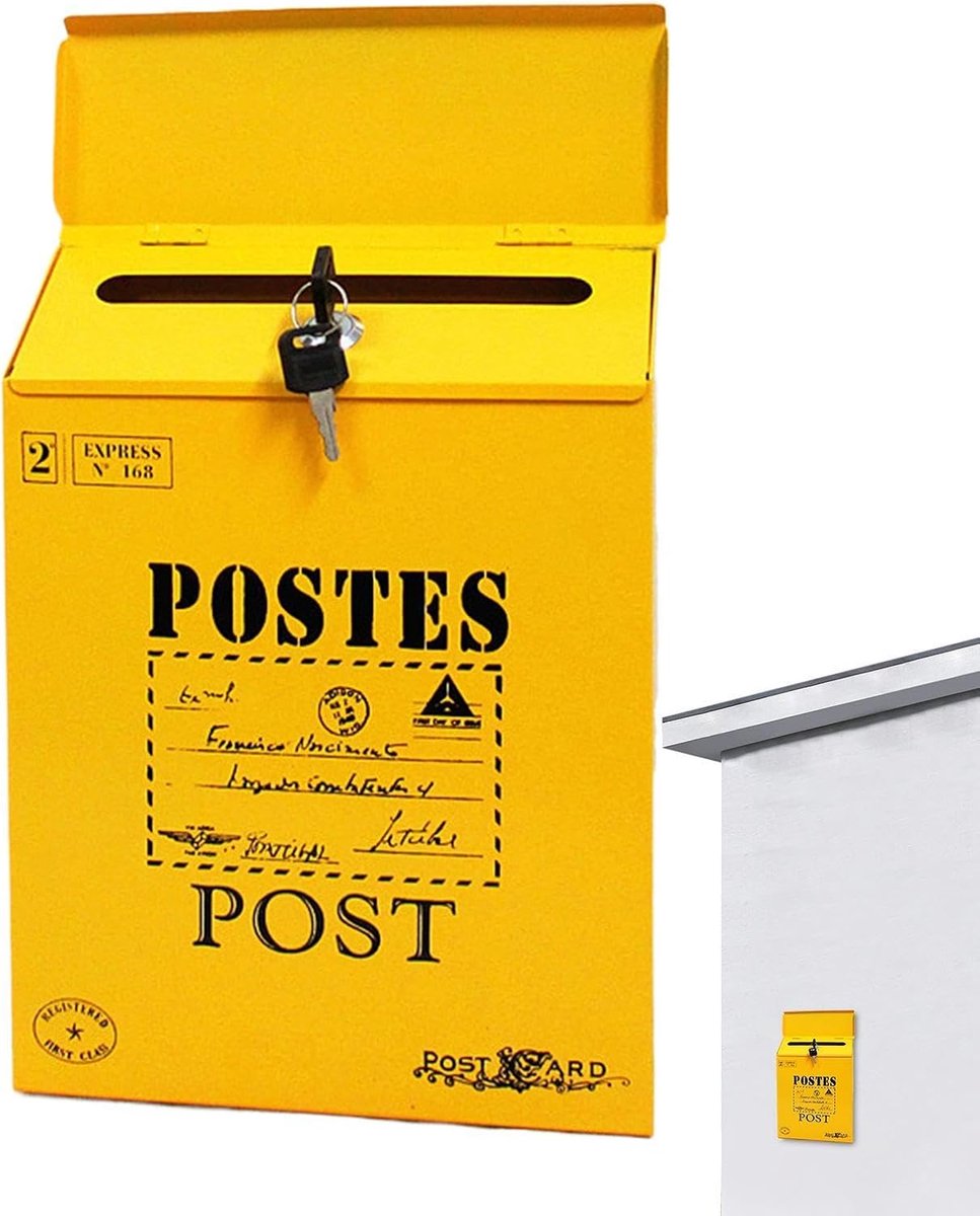 Muurbevestigde Brievenbus - Afsluitbare Postbus - Post Veilig Ontvangen - Waterdicht Metaal - 30x23x6cm - Geel