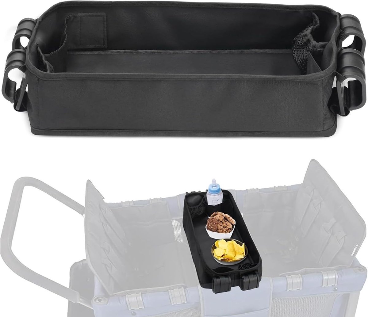 Kinderwagen Tray - Bekerhouder Organizer - Onderweg Opslag - Snelle Bevestiging - 29 x 24 cm - Zwart