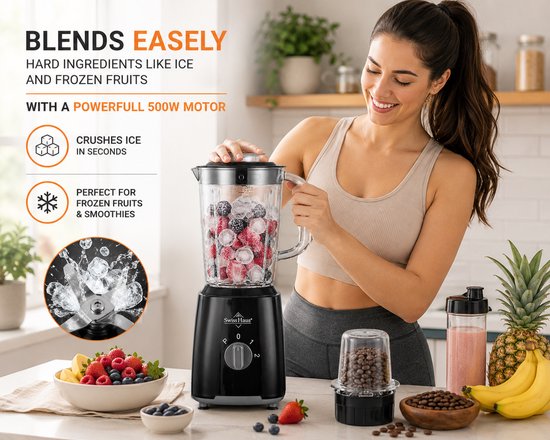 Swiss Haus® BL2315P Blender - 500W Smoothie Maker - 1.5L Plastic Kan met Grinder - 2 Snelheden + Pulse - RVS Messen - BPA Vrij - Vaatwasserbestendig - Zwart van Merkloos — afbeelding 2