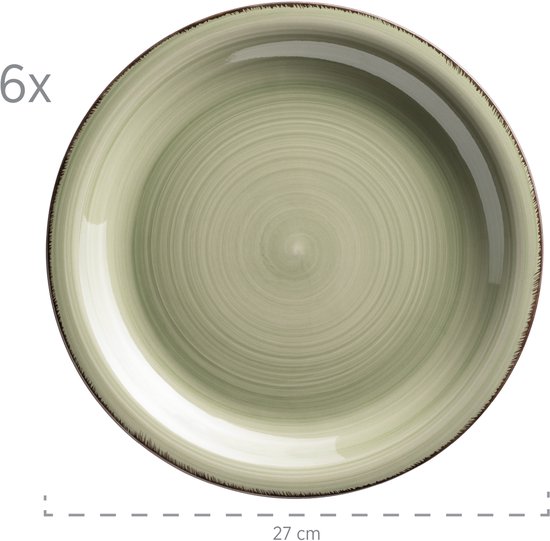 Zes groene dinerborden van 27 cm met spiraalmotief en bruine rand.