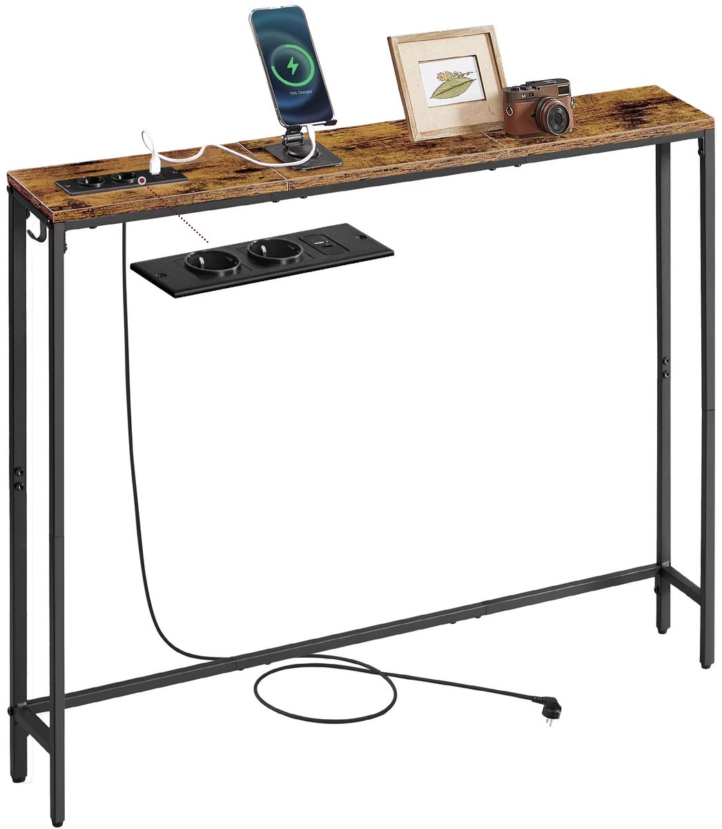 CreateEcom Wandtafel - Haltafel - Muurtafel- smal design - met laadstation - 2 AC-aansluitingen en 1 USB-A, 1 USB-C - Hout - Stalen poten 15x100x80 cm