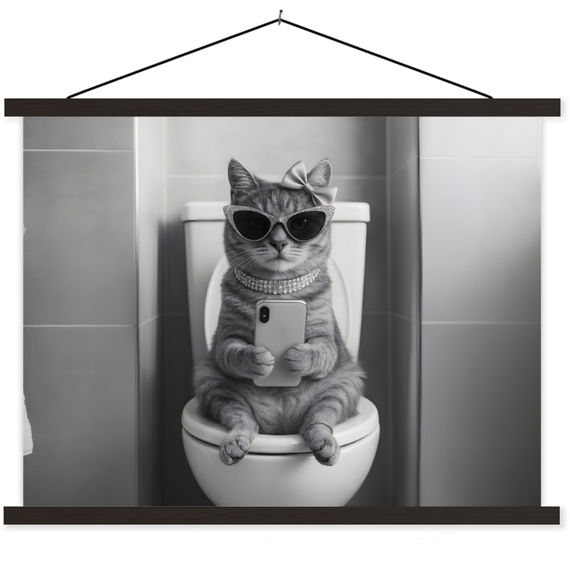 Posterhanger incl. Poster 150x113 cm - Schoolplaat - Kat - Telefoon - Toilet - Zwart - Wit