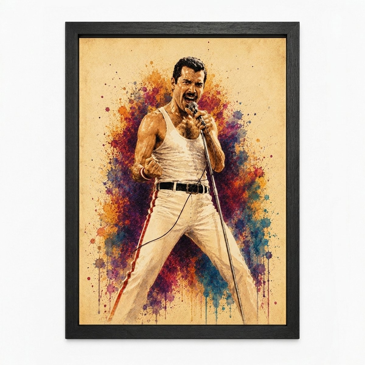 Freddie Mercury Poster | Queen Watercolor Art Print | Legendarische Rockmuziek | Inclusief Zwarte A4