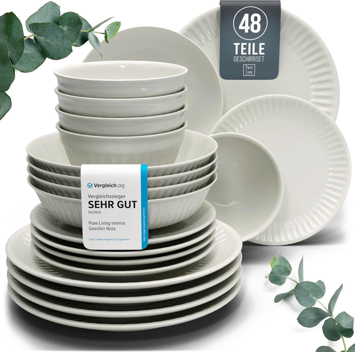 Pure Living Hellgrau serviesset voor 6 personen – 24-delig – aardewerk – scandinavisch design – vaatwasserbestendig