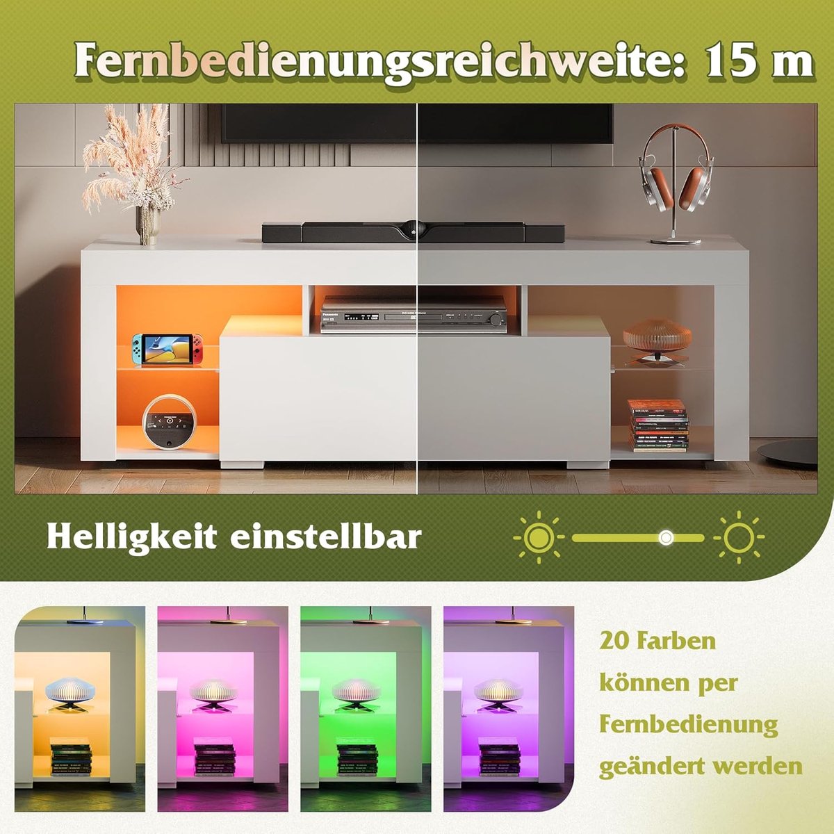 TV meubel wit LED – House&Garden modern TV kast 147 cm lowboard met 20 kleuren RGB verlichting, 2 lades & open opbergruimte, geschikt voor TV’s tot 75 inch, houten televisietafel voor woonkamer en slaapkamer