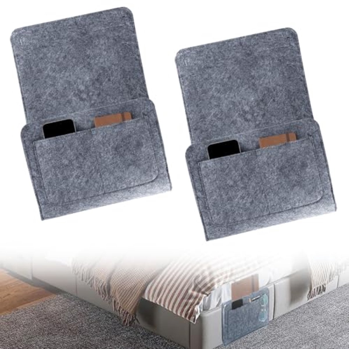 ModernStore 2 stuks grijze bedorganizer om op te hangen - set van 2 opbergtassen met 7 vakken voor telefoon, afstandsbediening, bril en elektronica - 20 x 32 x 10 cm