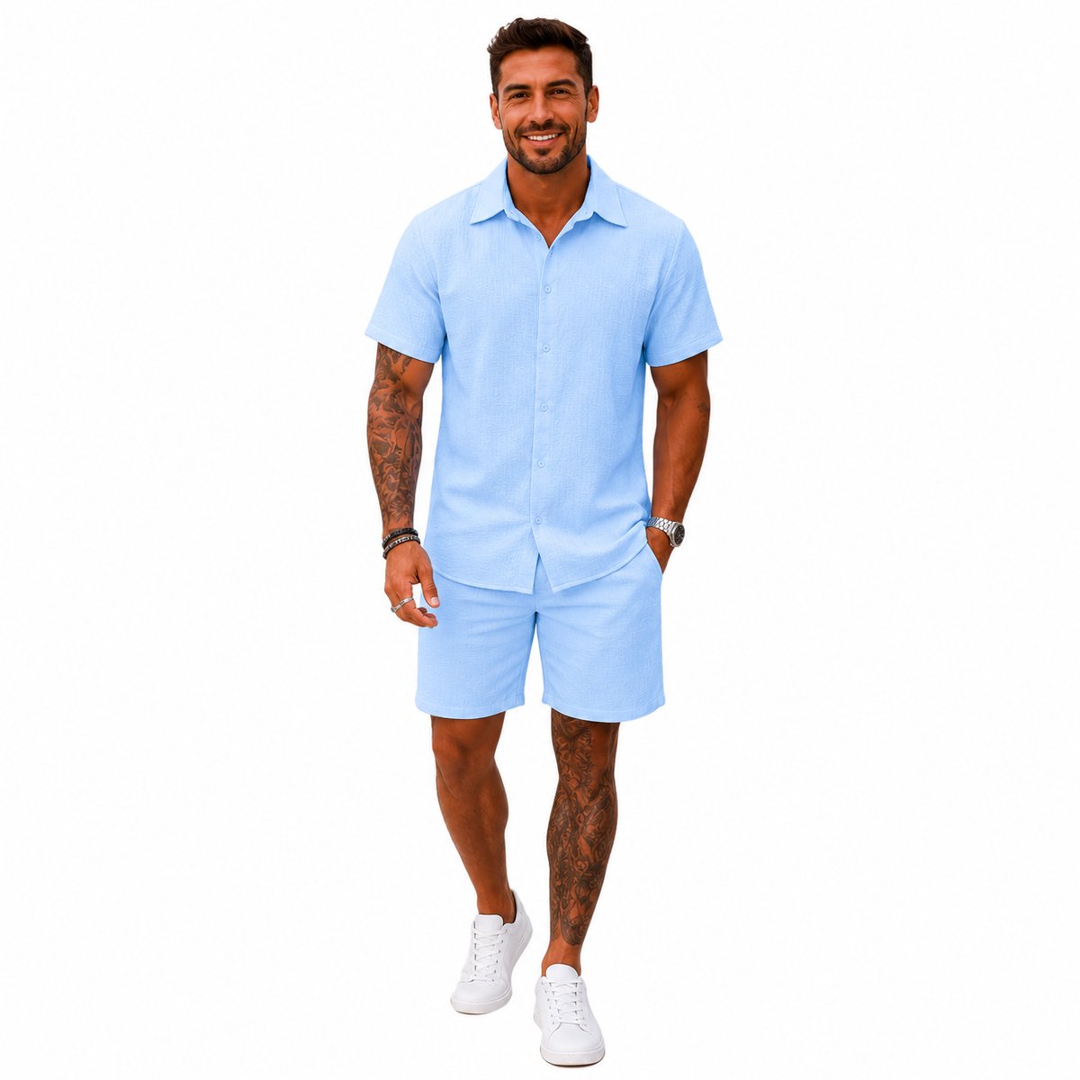 Zomer Set Design Heren - Blauw - Oversized Blouse - Korte Broek - Korte Mouwen