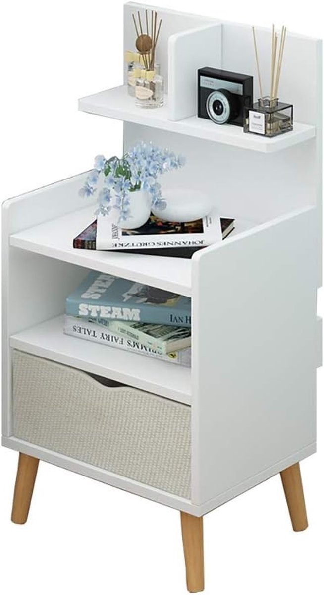 Nachtkastje Met Standaard - Sidetable Lade - Opbergen Slaapkamer - Veilig Ontwerp - 37x27x70 cm - Wit