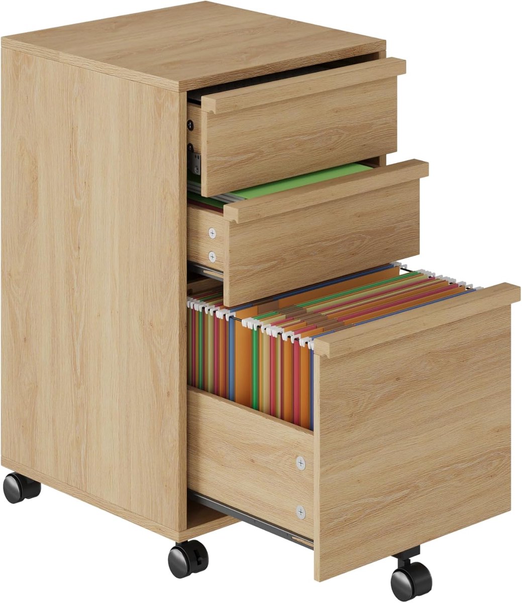 Verrijdbare archiefkast met 3 lades, houten verrijdbare archiefkast voor thuiskantoor, printerrek voor onder het bureau met wieltjes, grote archieflade, 2 vergrendelbare zwenkwielen, naturel