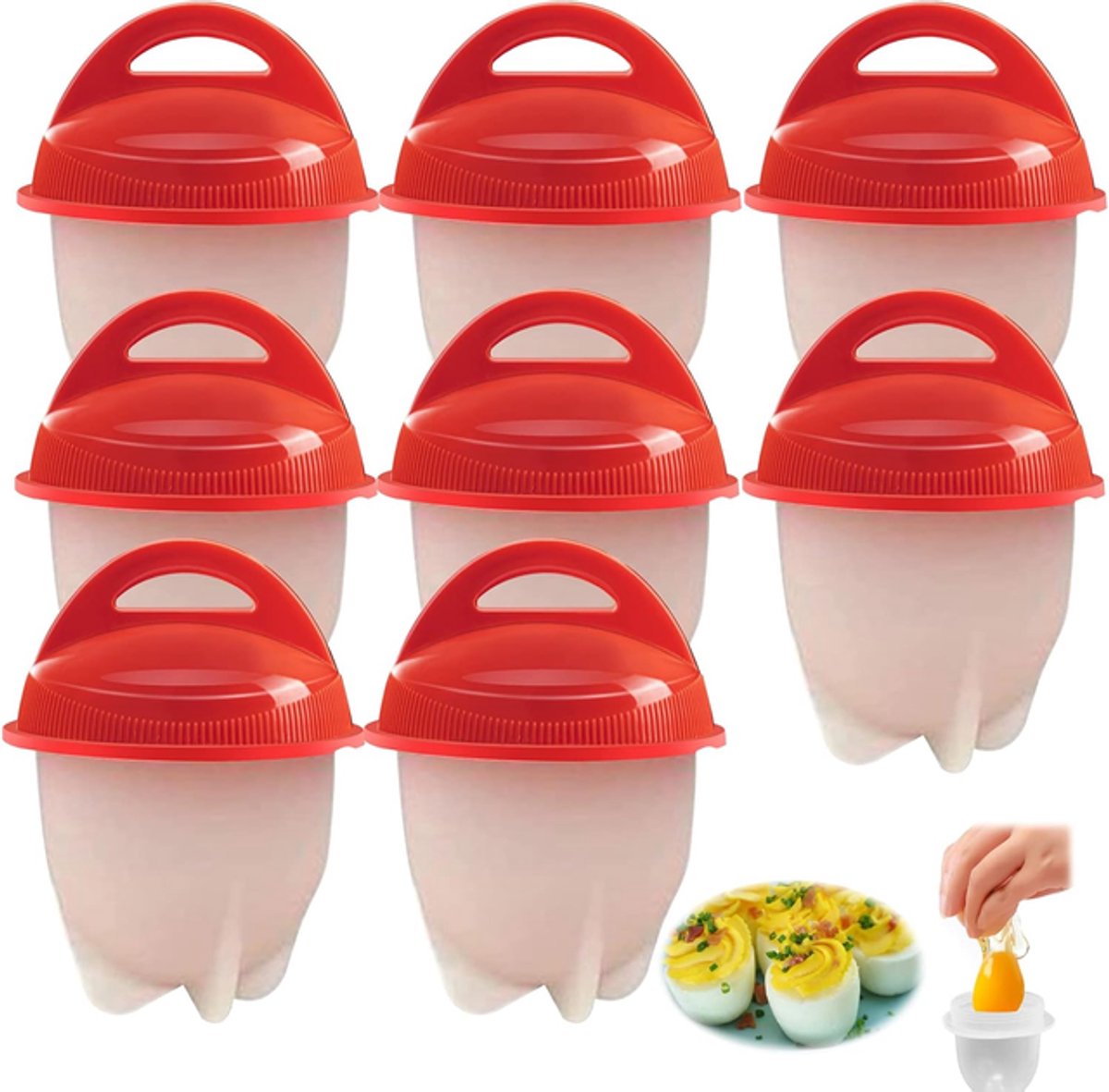 8-delige eierkookvormpjes - Eierkookvormpjes - Eierkoker - Stoomvormpjes voor eieren - Keukengerei voor het koken van eieren - 7*7*9,5 cm - Rood - PP/silicone
