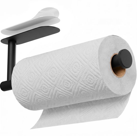 Porte-rouleau de cuisine noir avec un rouleau de papier de cuisine dessus, le dos adhésif est visible.