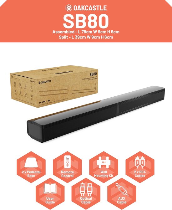 Oakcastle SB80 Split Soundbar - Bluetooth - HDMI ARC - Ingebouwde Subwoofer - Afstandsbediening - Zwart — afbeelding 2
