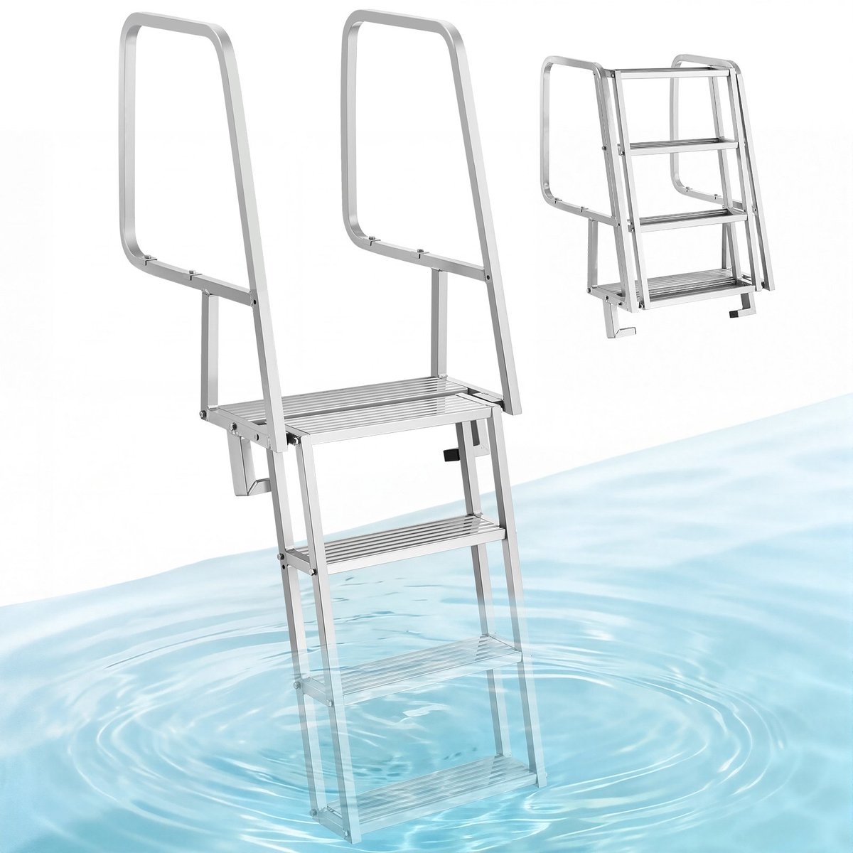 Opvouwbare aanlegsteigerladder - Boot- en zwembadladder - 4 Antislip treden - Brede pedalen - Met leuning - Draagvermogen 159 kg - Aluminiumlegering - Met trekkoord