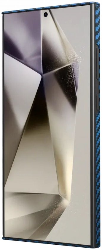 Zijkant van een telefoon met blauw geruite hoes. Achtergrond met abstracte vormen.