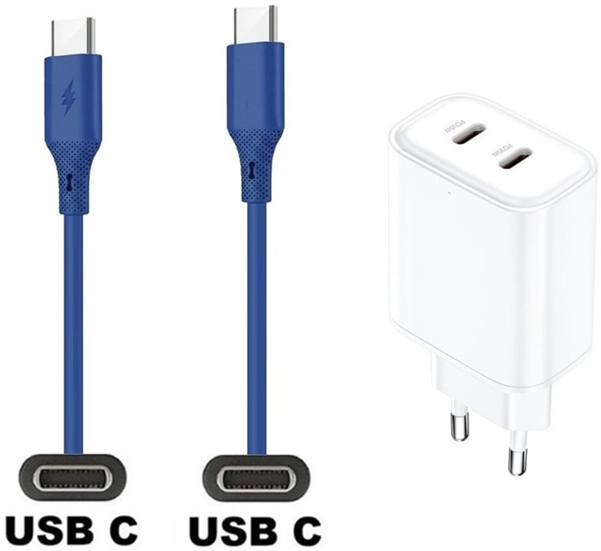 35W super snellader met 2 poorten USB C en USB C + 1,0m USB C naar C kabel. Universele PD lader. Oplader adapter past op JBL CLUB 700BT / 950NC / ONE / ONE Pro+, Wave 100 / 200 / 300 / Beam/ Buds / Flex, Reflect Aero / Mini NC