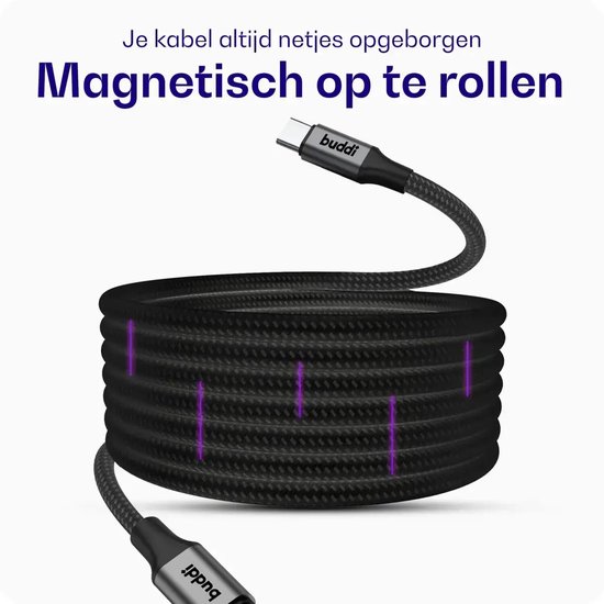 Zwarte gevlochten kabel, magnetisch op te rollen voor netjes opbergen.